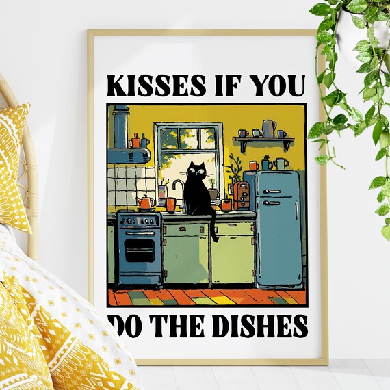 Kisses If You Do The Dishes Black Cat Retro Kitchen Funny Poster