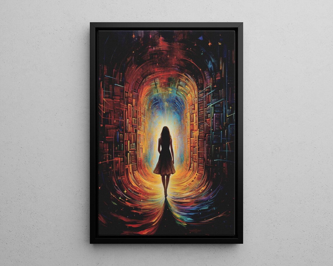 Woman Walking Through Glowing Library Tunnel of Books Fantasy Art Poster