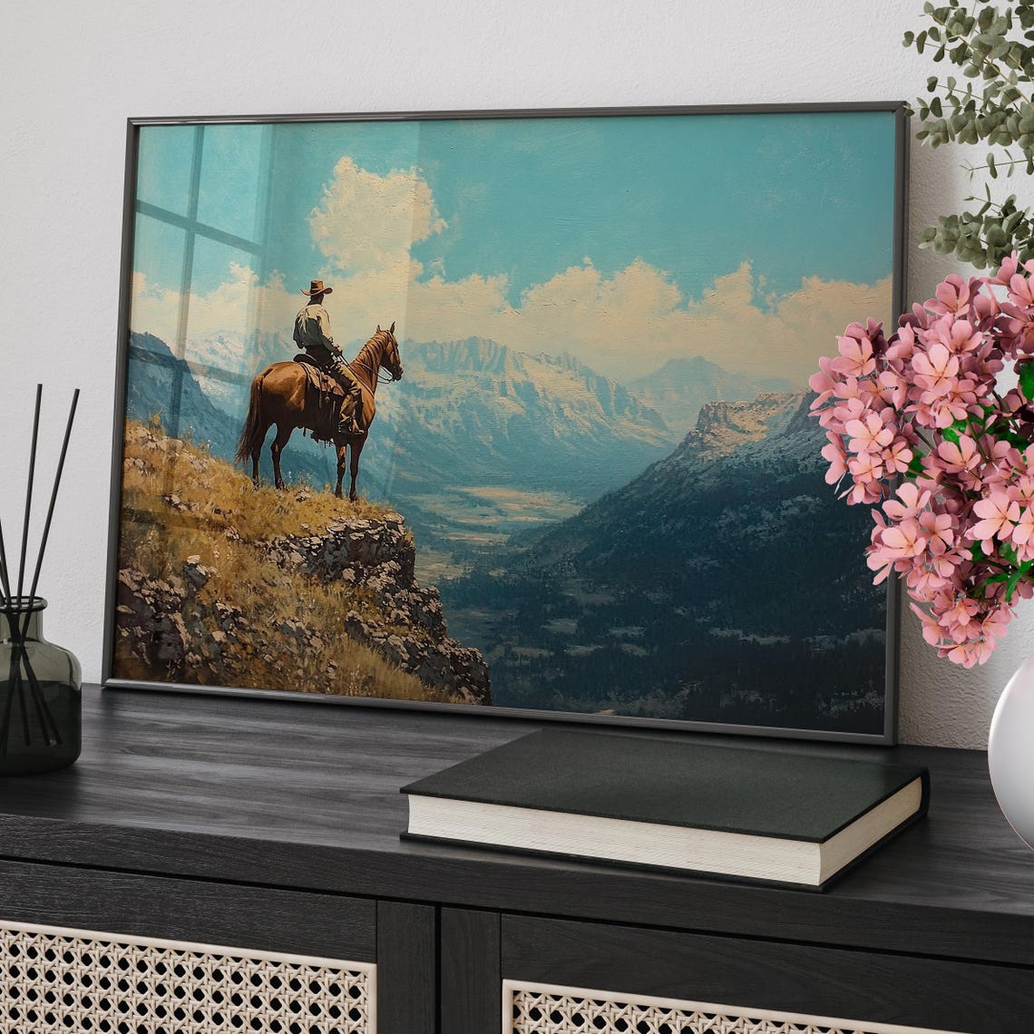 Cowboy on Horseback Mountain Overlook Western Retro Decor Poster