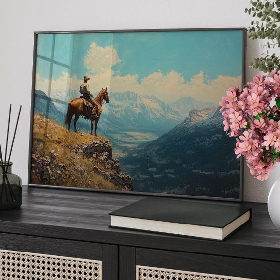 Cowboy On Horseback Riding Western Landscape Art Poster Or Canvas Print Retro Mountain Scenery Vintage Home Decor Country Adventure