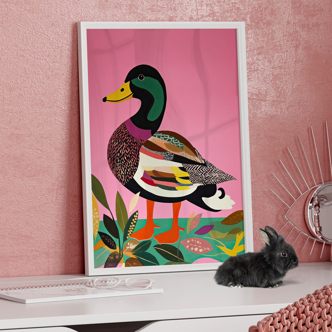 Colorful Mallard Duck On Pink Background Matisse Style Bird Poster