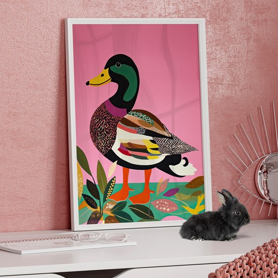 Colorful Mallard Duck On Pink Background Matisse Style Bird Poster