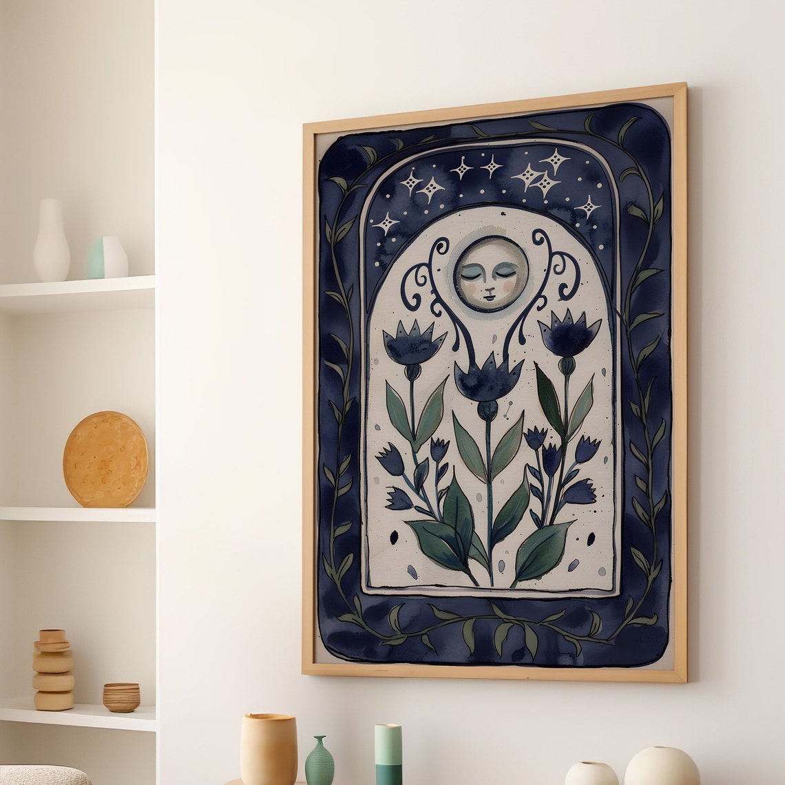 Celestial Moon Face With Blue Flowers Boho Folk Art Mystical Poster