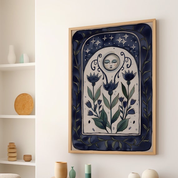Moon Face With Flowers Folk Art Illustration Wall Decor Or Canvas Artwork Boho Blue Floral Mystical Vintage Poster