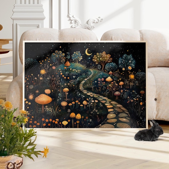 Enchanted Moonlit Forest Poster Mushroom Garden Night Sky Kids Art