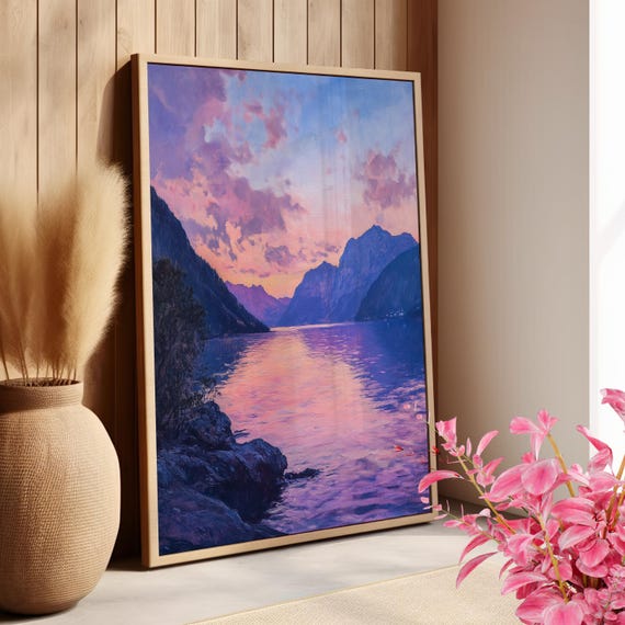Norway Fjords Purple Pink Sunset Painting Poster Or Print Norway Travel Print Sunrise Nature Landscape Home Decor Travel Poster