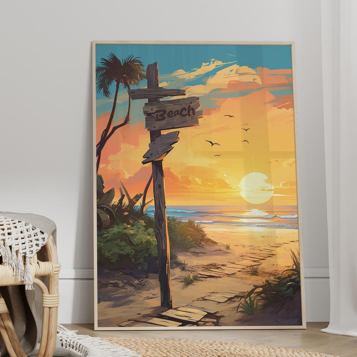 Tropical Sunset Beach Sign Post Palm Shore Seascape Art Poster
