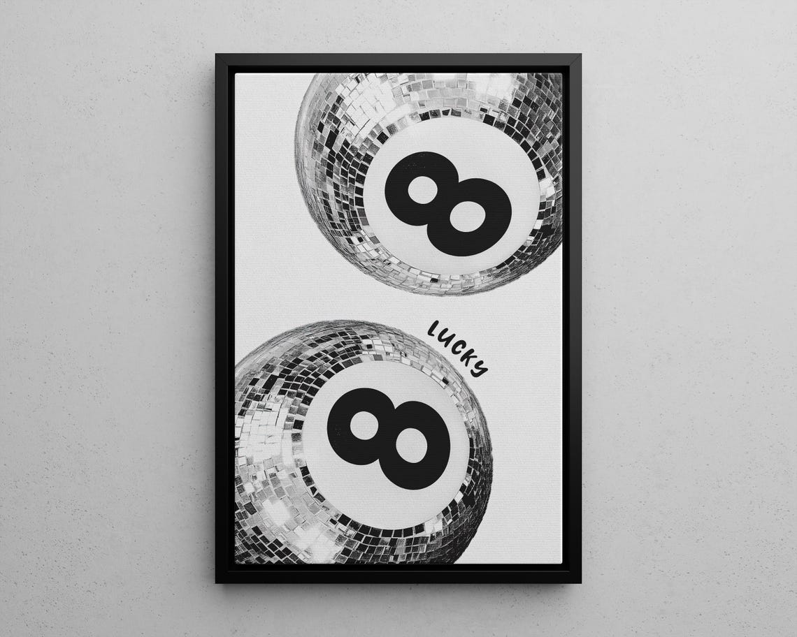 Lucky 8 Ball Disco Ball Black White Trendy Game Room Wall Poster