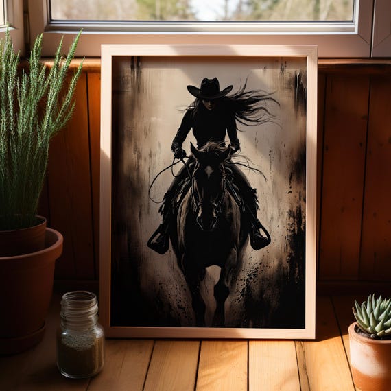 Cowgirl Riding On Horseback Rustic Dark Oil Painting Poster Or Canvas Print Vintage Style Silhouette Moody Western