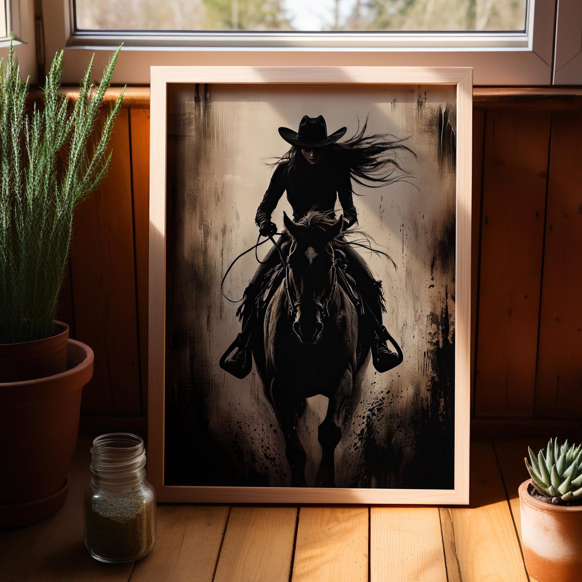 Dark Cowgirl on Horseback Moody Rustic Western Silhouette Poster