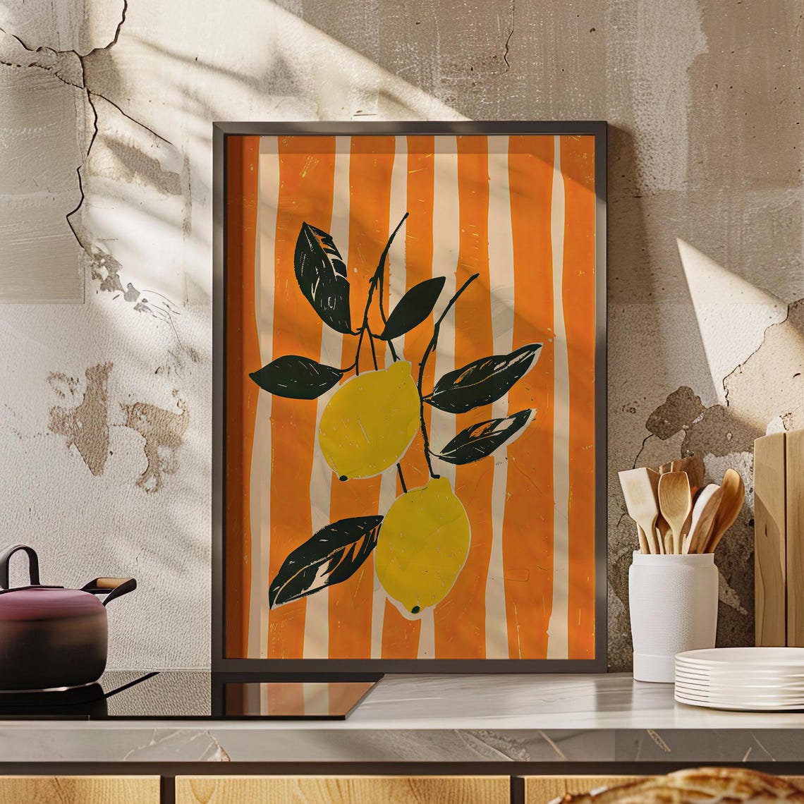Lemon Branch Orange Striped Background Mid-Century Kitchen Wall Art