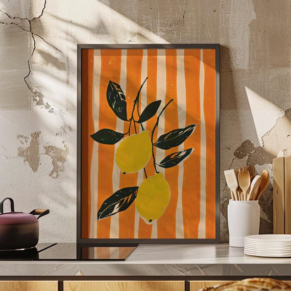 Lemon Fruit Striped Wall Art Poster Or Canvas Print Cute Kitchen Decor Italian Mid Century