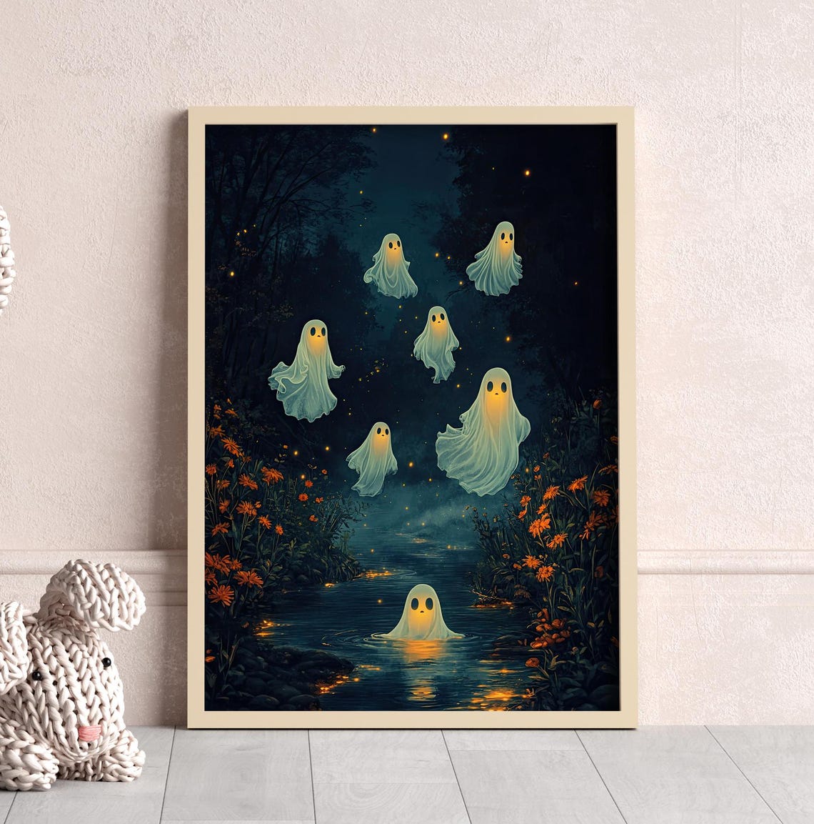Glowing Ghosts Floating In Dark Night Sky Art Print Poster Or Canvas Spooky Forest River Scene Ethereal Decor Mystical Floral