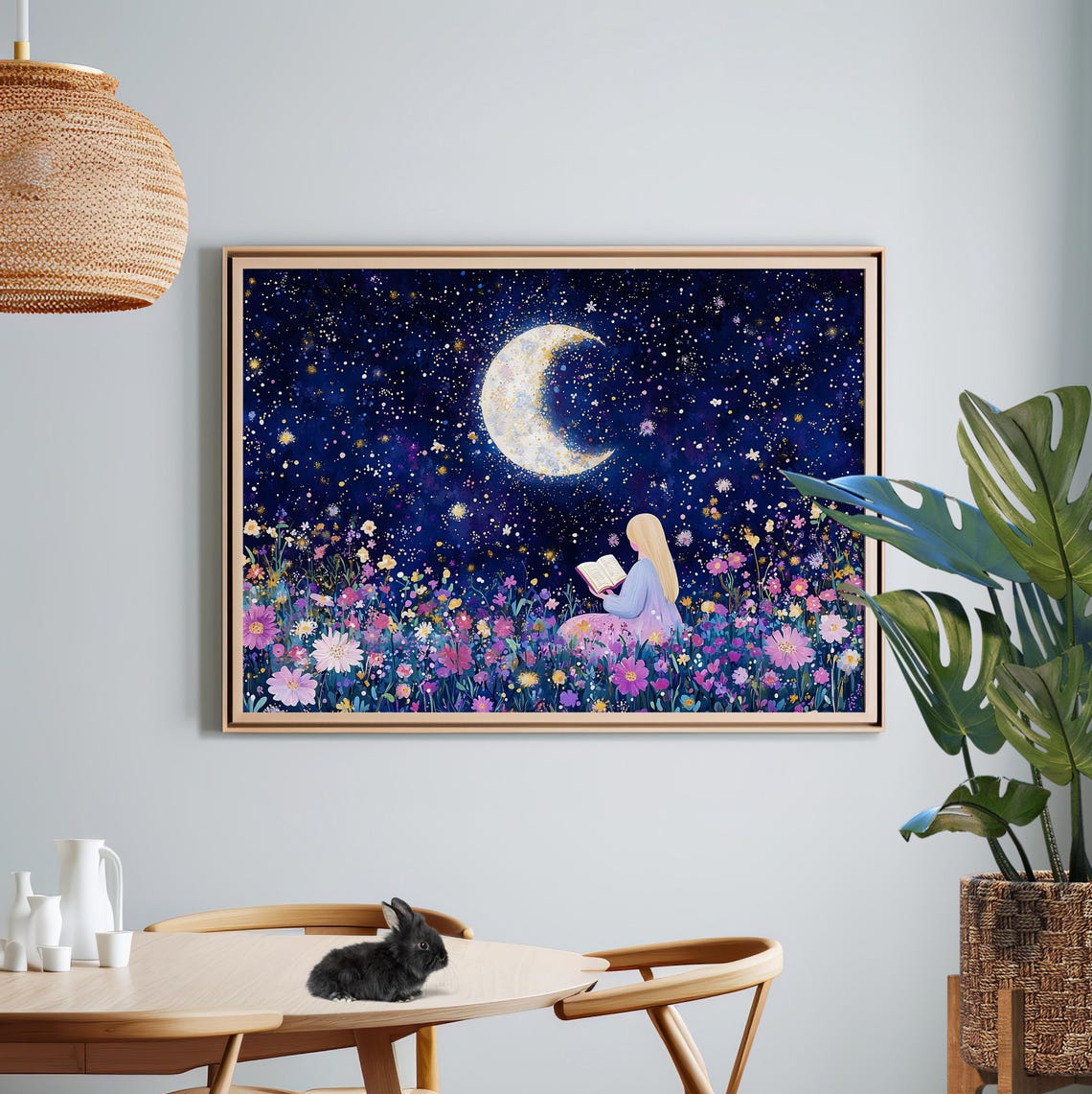 Girl Reading Under Crescent Moon Starry Night Flower Meadow Art Print - Image 3