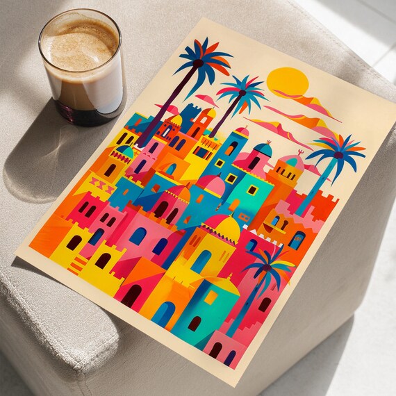 Groovy Middle Eastern City Poster Colorful Souk Sunset Travel Art