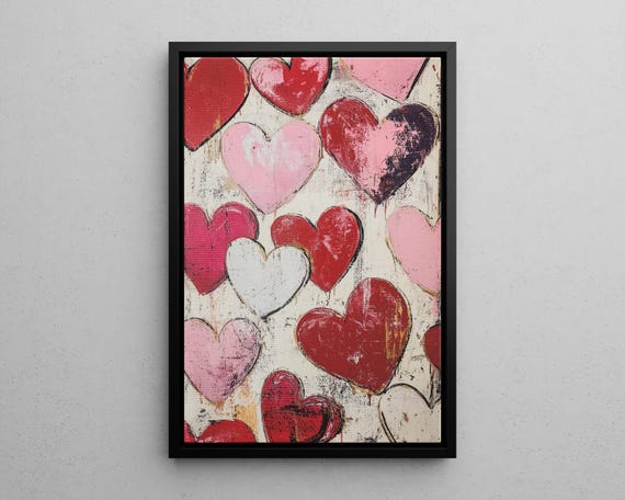 Rustic Hearts Painting Poster Or Canvas Print Abstract Colorful Heart Wall Art Love Romantic Valentines Day Decor Gift For Her