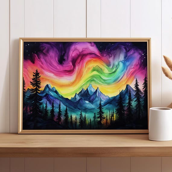 Colorful Northern Lights Over Mountains Forests Watercolor Art Print Poster Or Canvas Pine Trees And Nature Landscape Wall