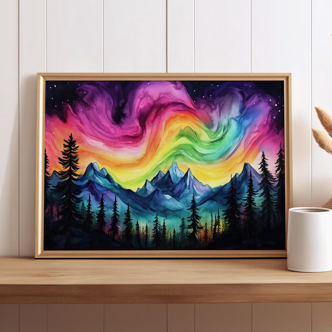 Rainbow Northern Lights Over Mountain Peaks Watercolor Wall Art