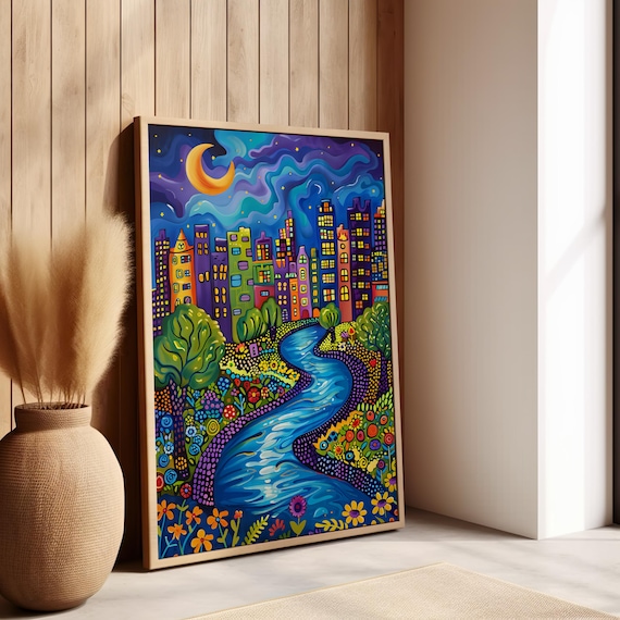 Blue River In The City Park Starry Night With Crescent Moon Colorful Mosaic Floral Botanical Poster Or Canvas Print Vibrant Art