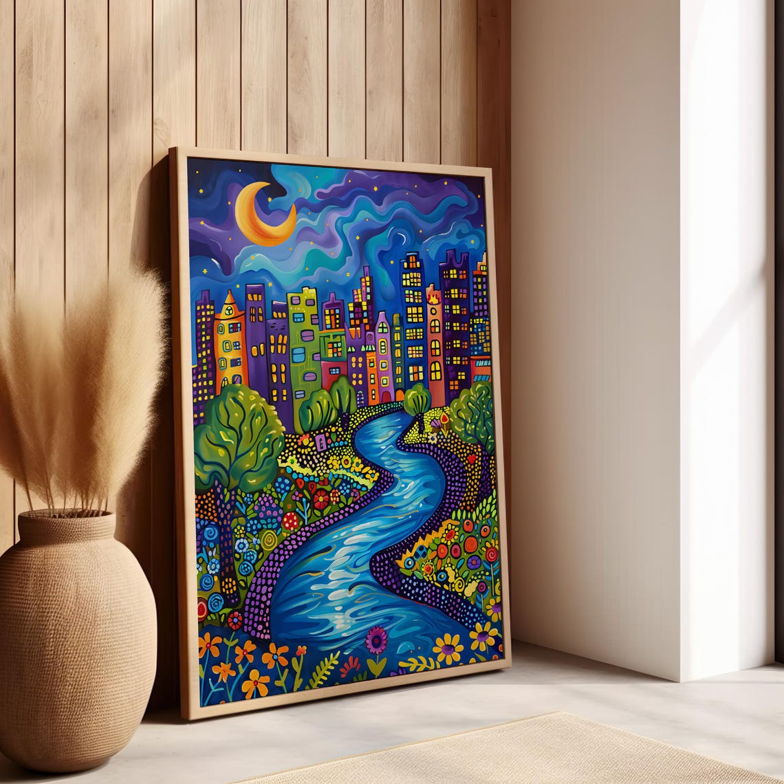 Whimsical Night City Crescent Moon River Folk Art Colorful Poster