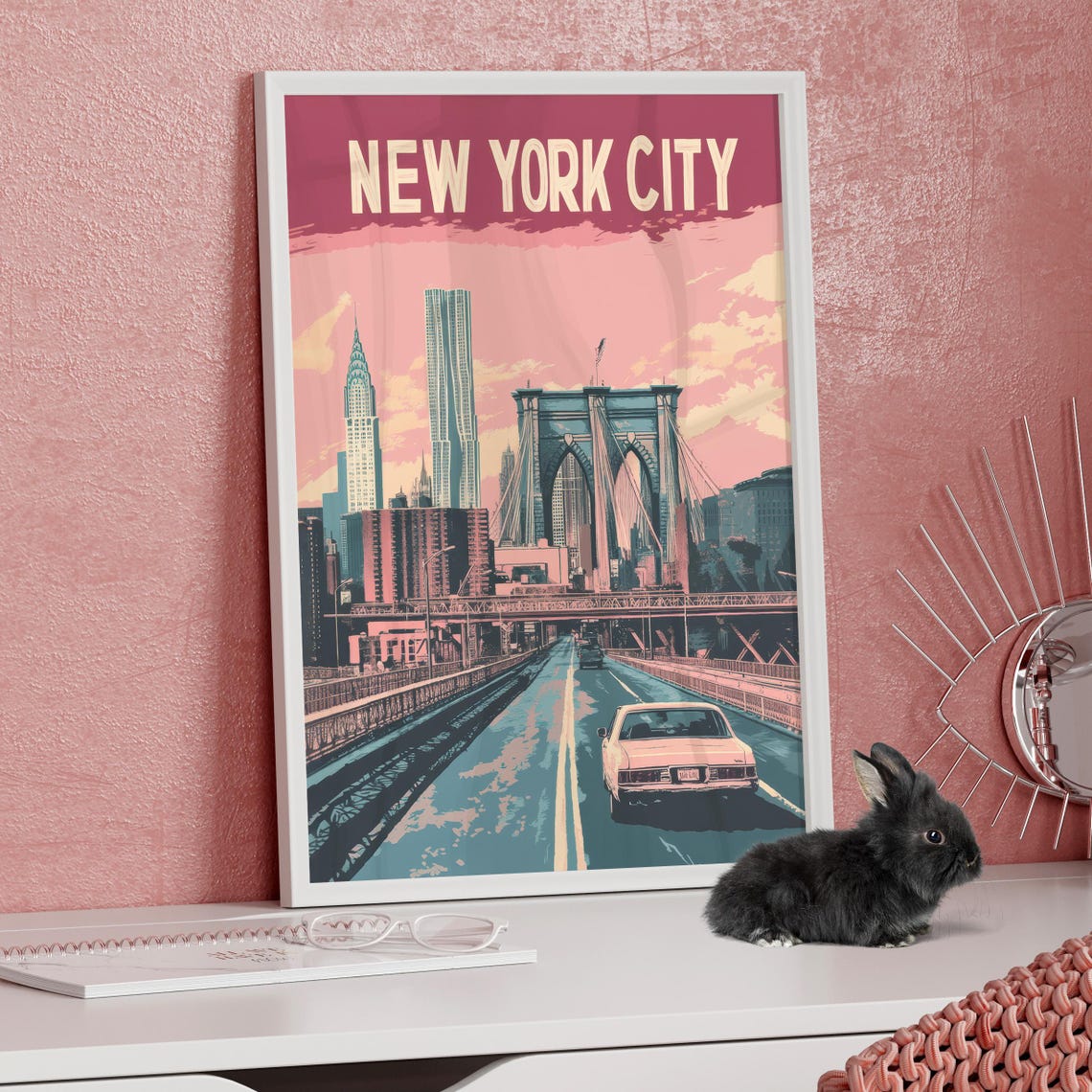 New York City Brooklyn Bridge Vintage Skyline Travel Art Poster