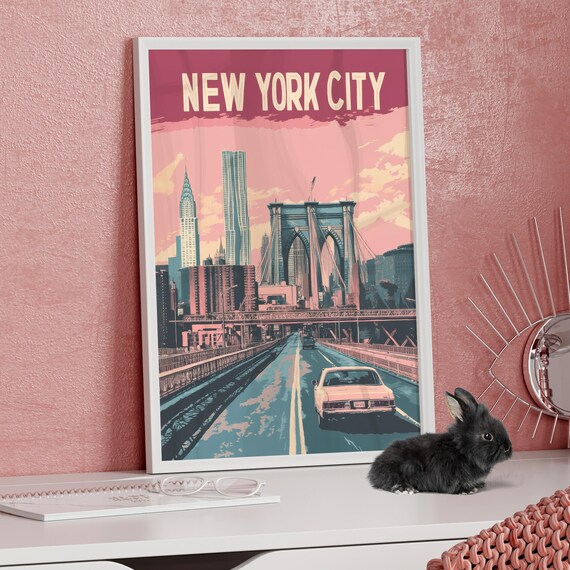 New York City Brooklyn Bridge Vintage Skyline Travel Art Poster