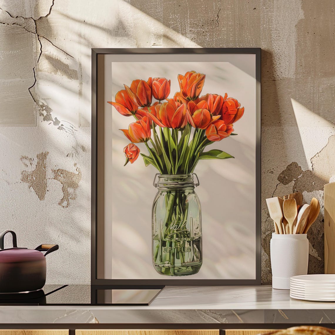 Orange Tulips In Mason Jar Kitchen Still Life Flower Art Poster