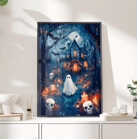 Walking Among Candles And Skulls Spooky Art Poster Or Canvas Print Haunted House Halloween Decor