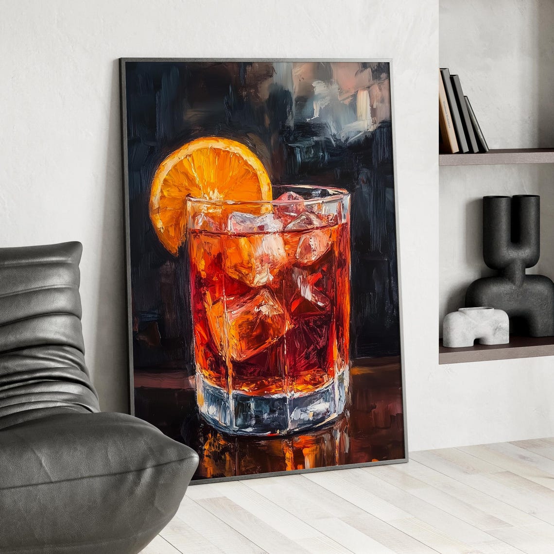 Negroni Cocktail Oil Painting Orange Slice Classic Drink Art Poster