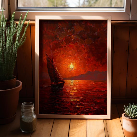 Sailing Boat On The Sea Red Sunset Sky Oil Painting Poster Or Canvas Print Sailboat Art Abstract Nature Wall