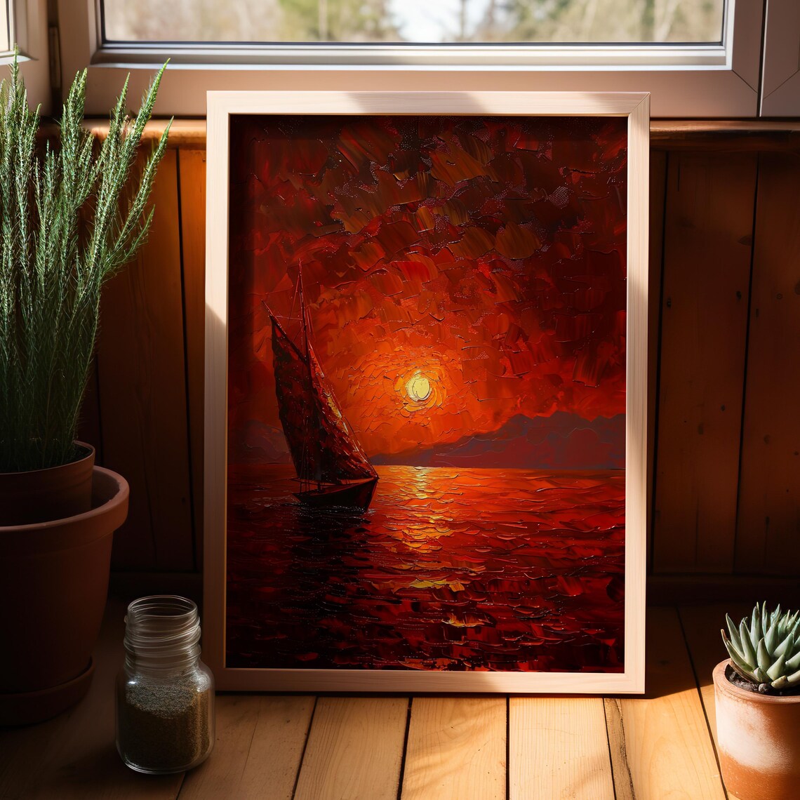 Sailing Boat Under Blazing Red Sunset Oil Painting Seascape Poster