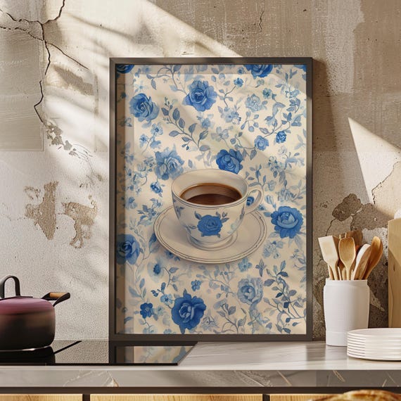 Abstract Vintage Tea Cup With Coffee Blue Floral Wall Art Poster Or Canvas Print Chinoiserie Inspired Bar Kitchen
