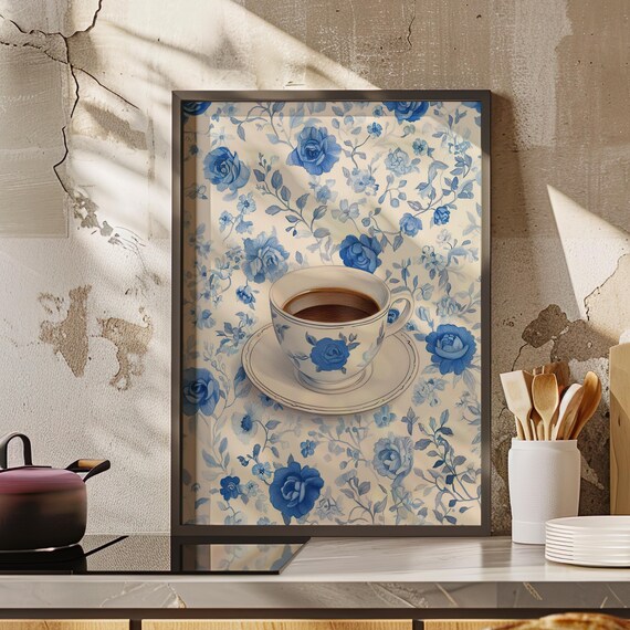 Vintage Blue Rose Teacup Chinoiserie Style Kitchen Decor Poster