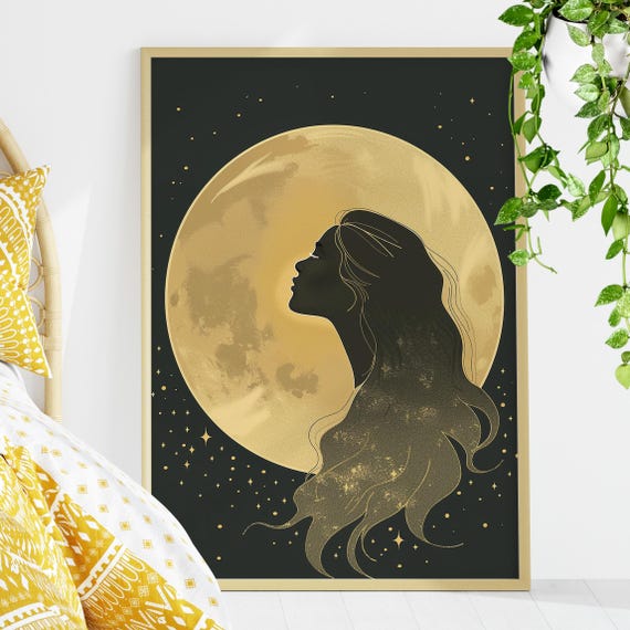 Woman Moon Portrait Art Print Or Canvas Vintage Full Goddess Nouveau Gold And Black Mystical Silhouette Decor