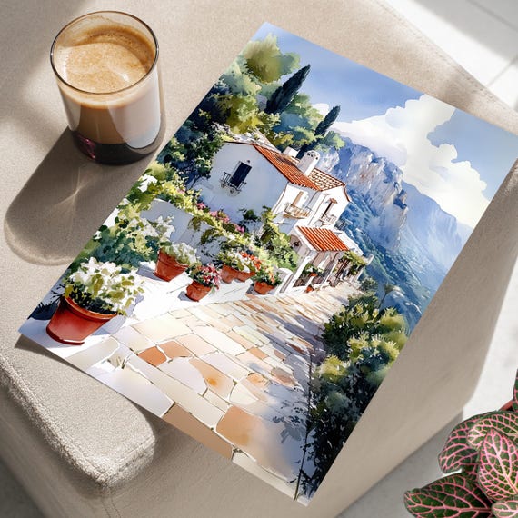 Capri Mountain House Watercolor Art Poster Or Canvas Dreamy Landscape Italian Countryside Decor Floral Botanical Travel