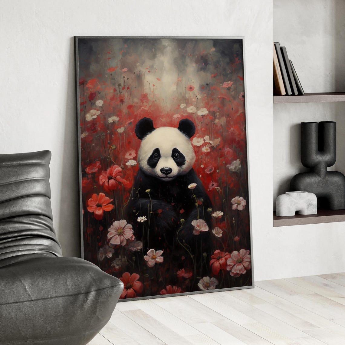 Cute Panda Sitting Among Red Cosmos Flowers Moody Floral Wall Art