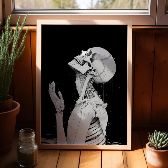 Praying Skeleton Illustration Black And White Wall Art Poster Or Canvas Print Whimsigoth Human Halloween Minimalist Decor