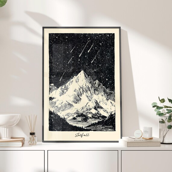 Starfall Night Sky With Meteors Over Snowy Mountain Minimalist Art Poster