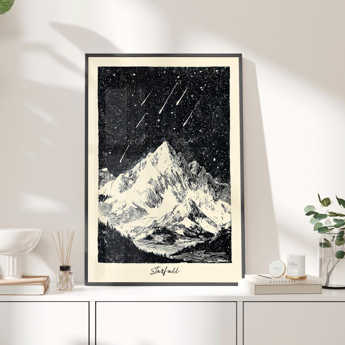 Starfall Night Sky With Meteors Over Snowy Mountain Minimalist Art Poster