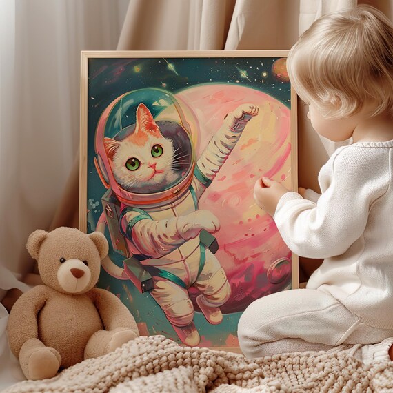 Cute Cat Astronaut Floating Past Pink Planet Whimsical Art Print