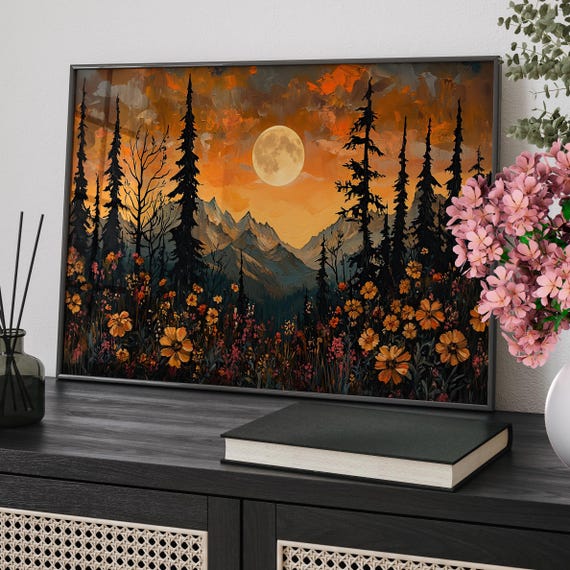 Alaskan Wilderness Dusk Panorama Painting Poster Or Canvas Floral Botanical Art Sunset Panoramic View Watercolor Flowers And Mountains