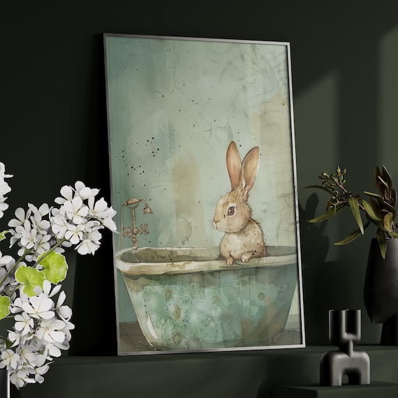 Bunny in Vintage Bathtub Watercolor Bathroom Animal Art Poster
