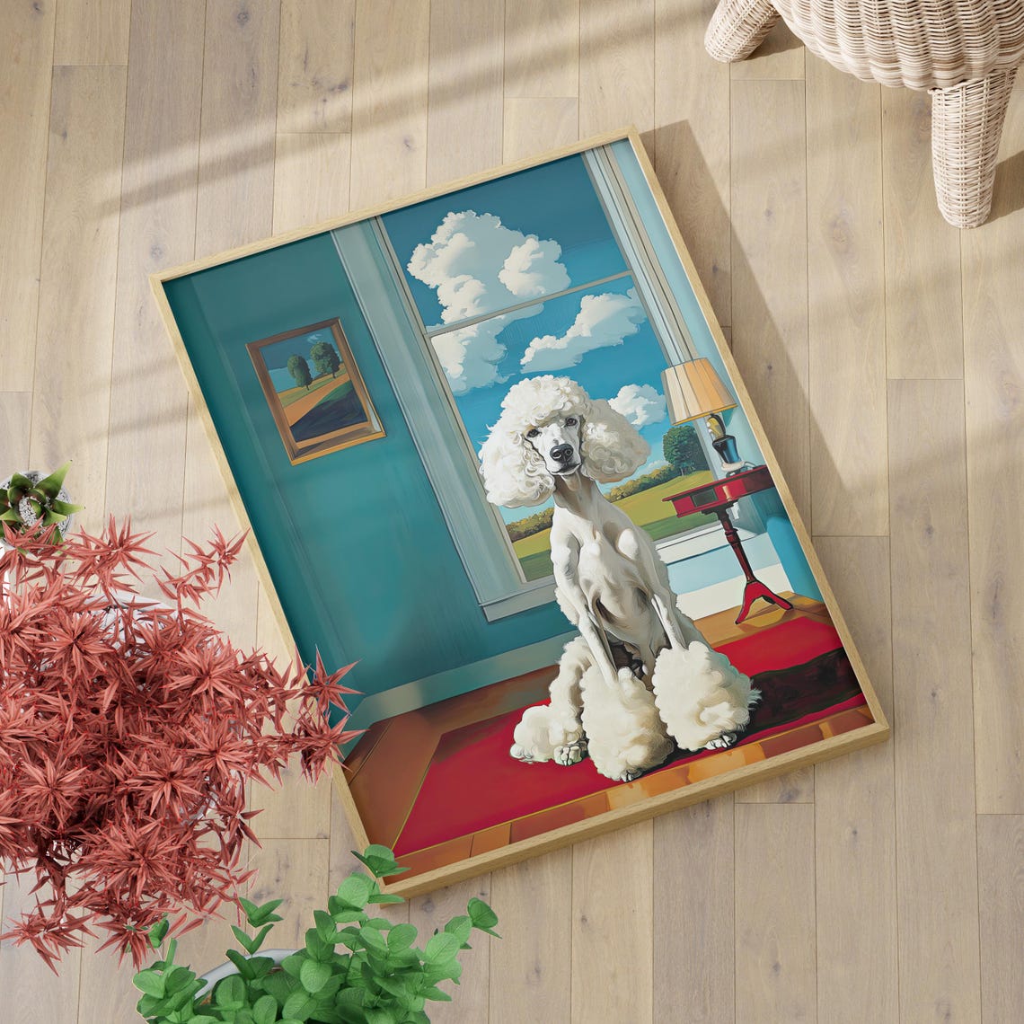 White Poodle Retro Interior Painting Playful Dog Portrait Wall Art