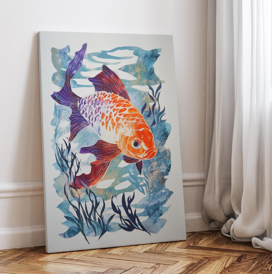 Orange Goldfish Watercolor Blue Waves Cutout Style Aquarium Wall Art