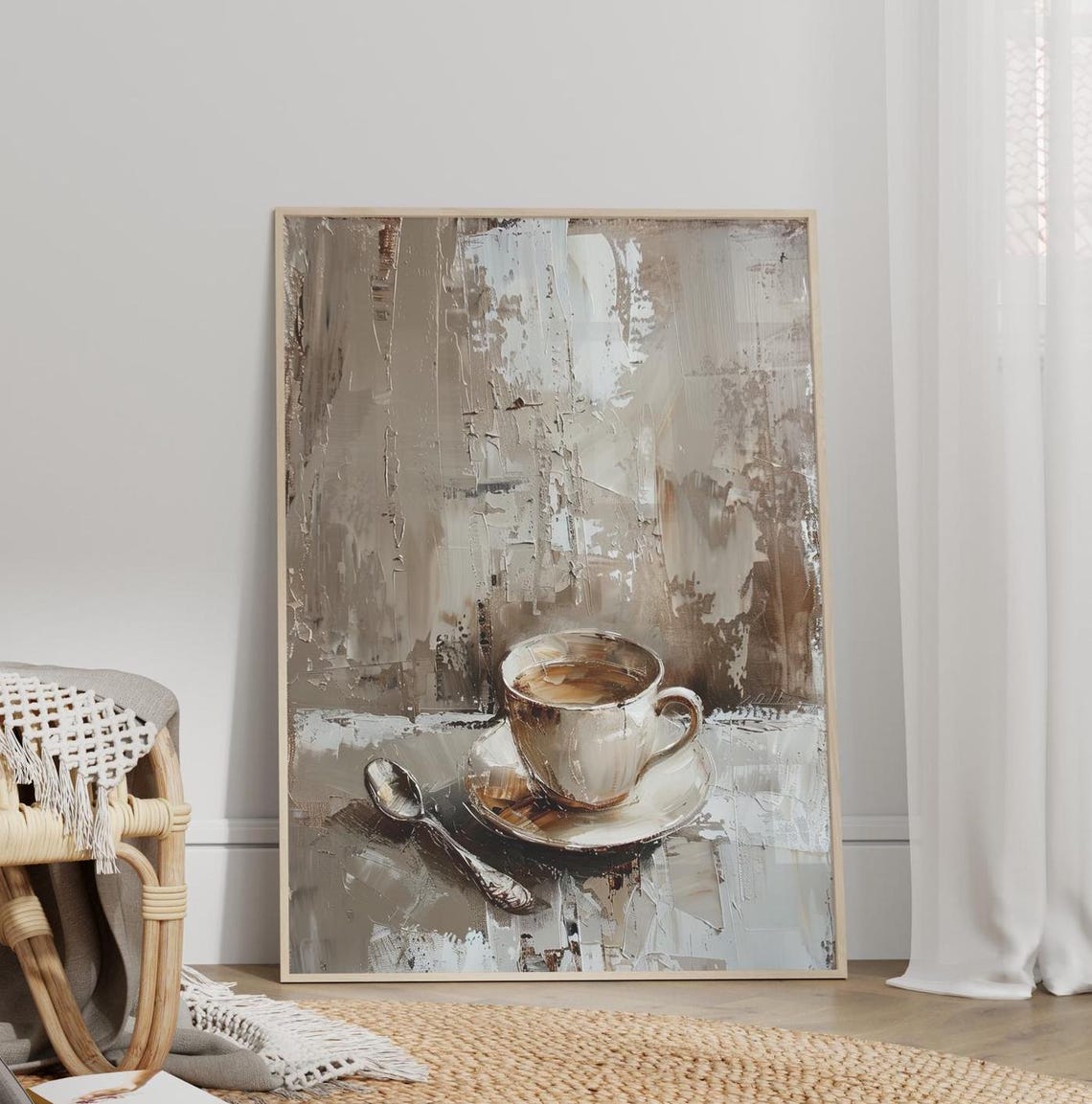 Vintage Coffee Cup Neutral Moody Oil Painting Kitchen Decor Print