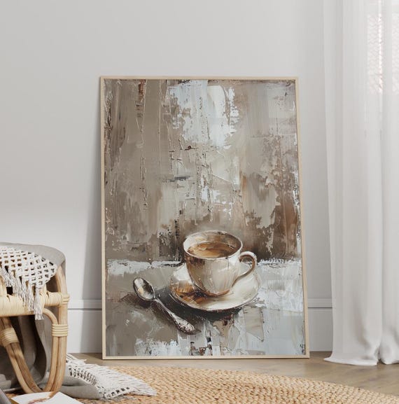 Vintage Coffee Oil Painting Poster Or Canvas Print Cup Of Neutral Moody Art Kitchen Decor Lover Gift Steam