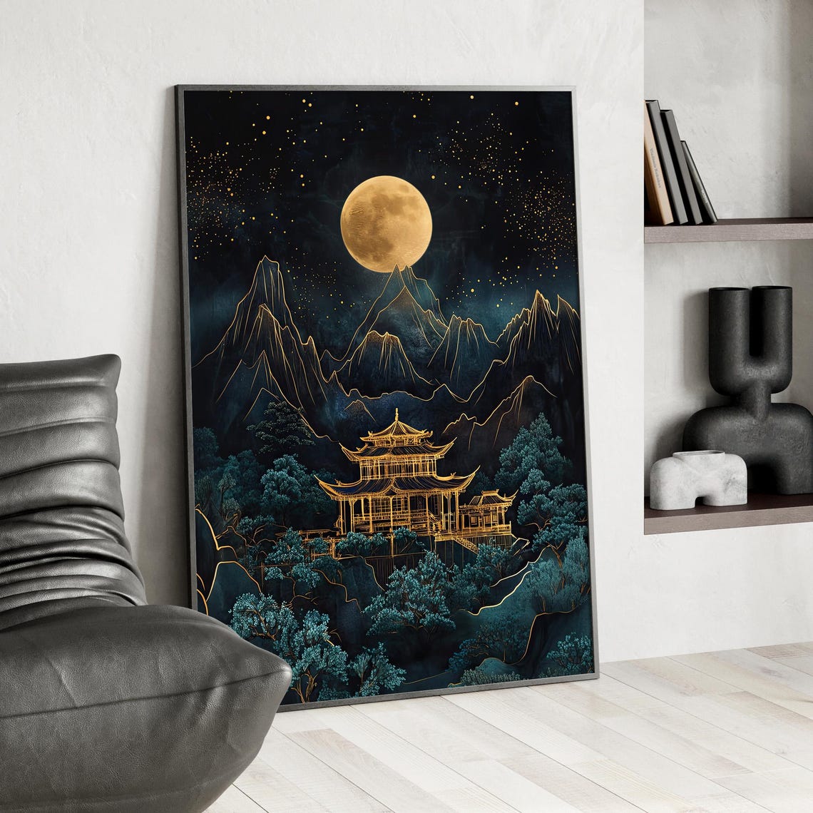 Golden Moon Over Asian Temple Mountains Starry Night Sky Print