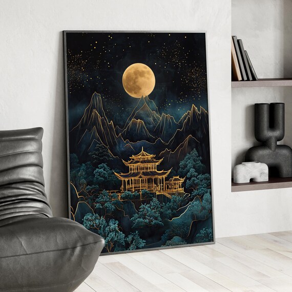 Golden Moon Over Mountains And Ancient Gold Chinese Temple Art Poster Or Canvas Print Starry Night Sky Whimsical Nature