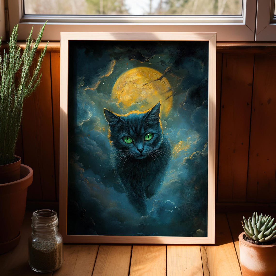 Black Cat Under Golden Full Moon Cloudy Night Whimsigoth Art Print
