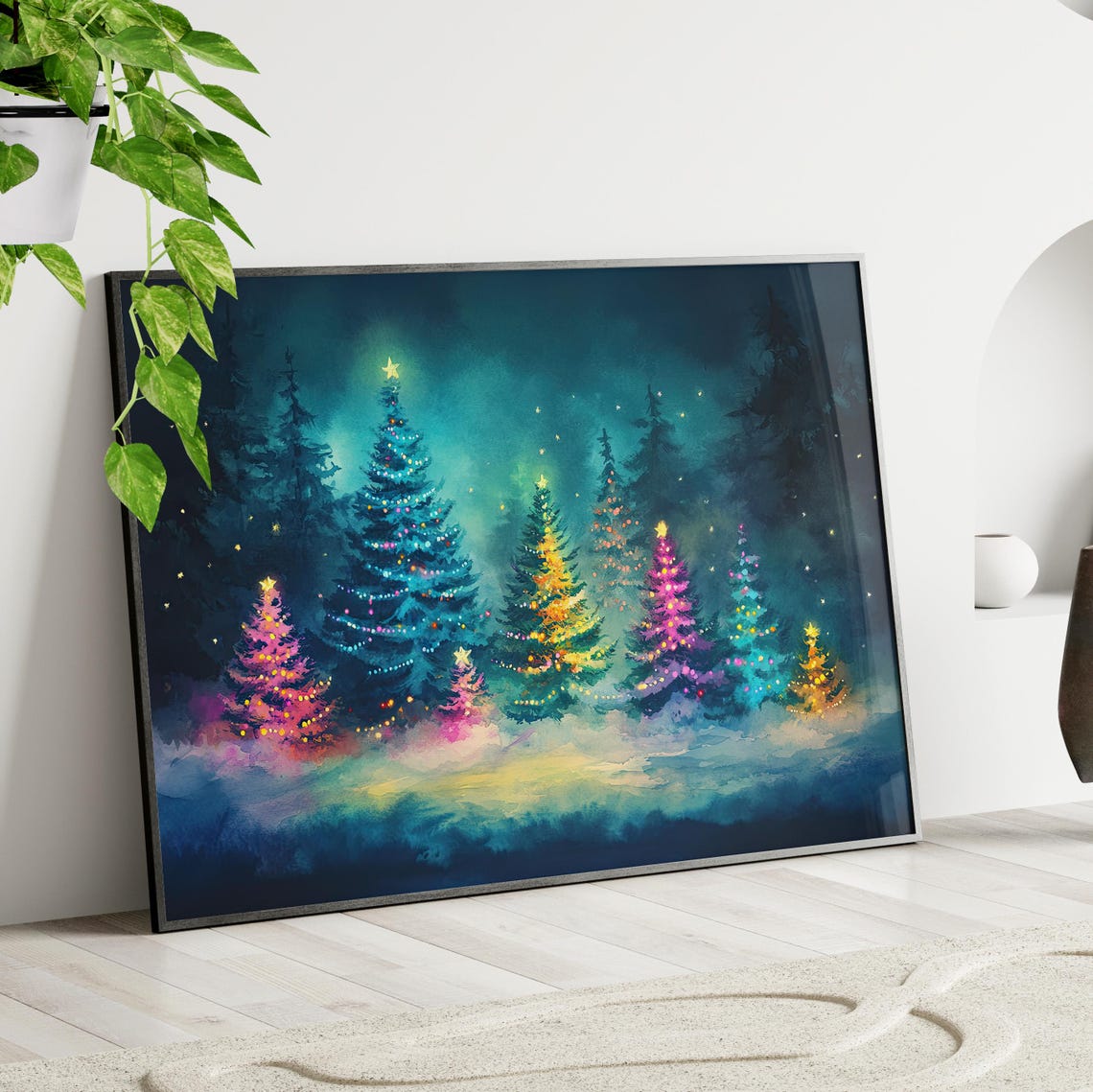 Whimsical Enchanted Christmas Trees Watercolor Night Forest Poster